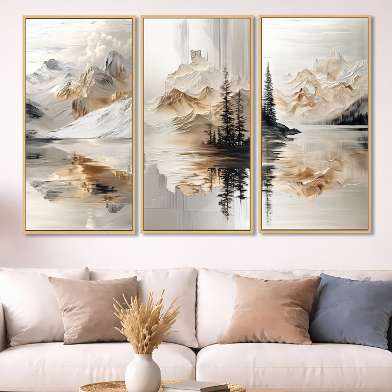 Golden Mountain Reflection - White Lake, ensemble de 3 toiles encadrées, H 40 po x l 60 po, Cadre flottant en bois naturel
