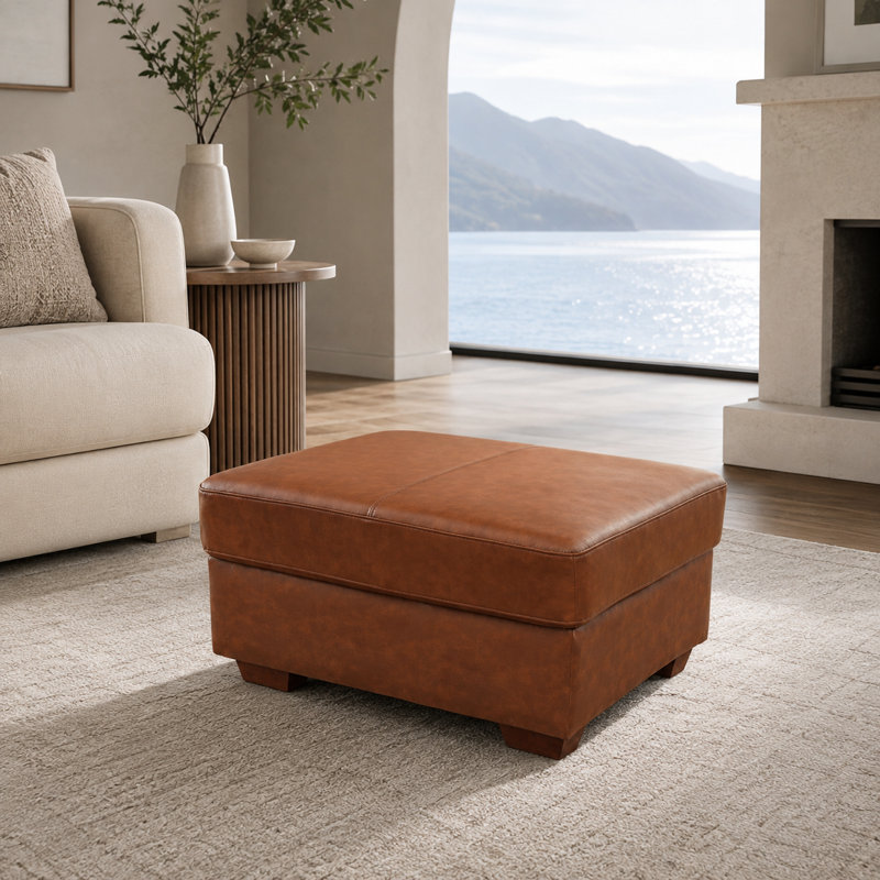 36.3" Genuine Cowhide Leather Ottoman, Brown Genuine Leather