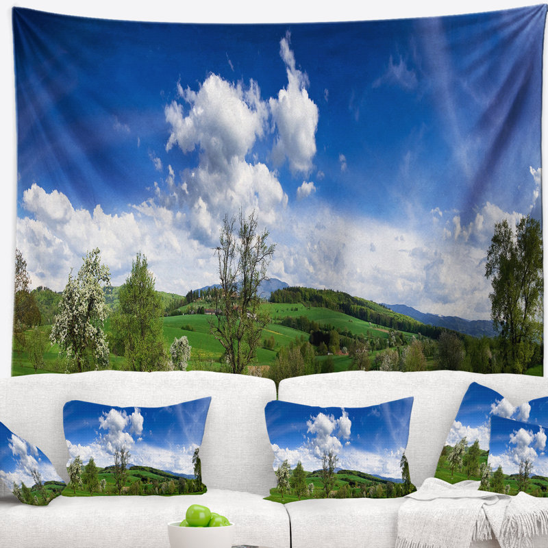 Photographie vert bleu printemps paysage tapisserie, H 32 po x l 39 po