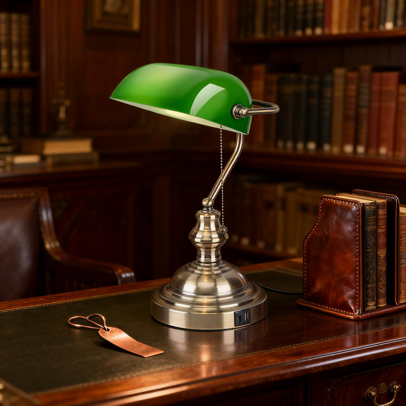 Lampe de bureau vert classique avec interrupteur à chaîne et deux ports de charge USB-C pour la salle d'étude de la bibliothèque de bureau