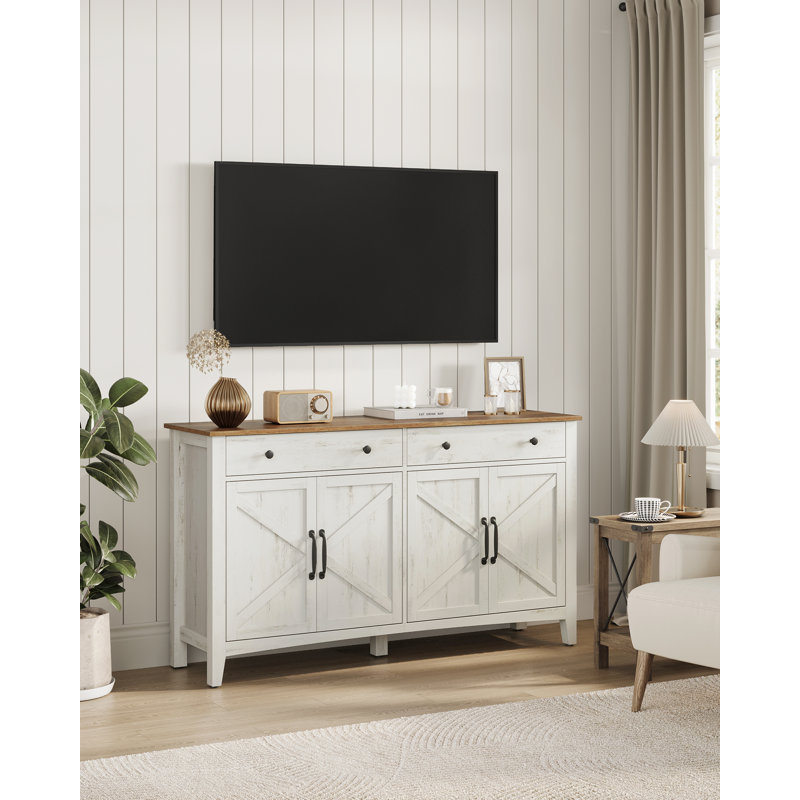 Farmhouse Sideboard With Adjustable Shelves And 2 Drawers For Kitchen, Rustic White/Honey Brown
