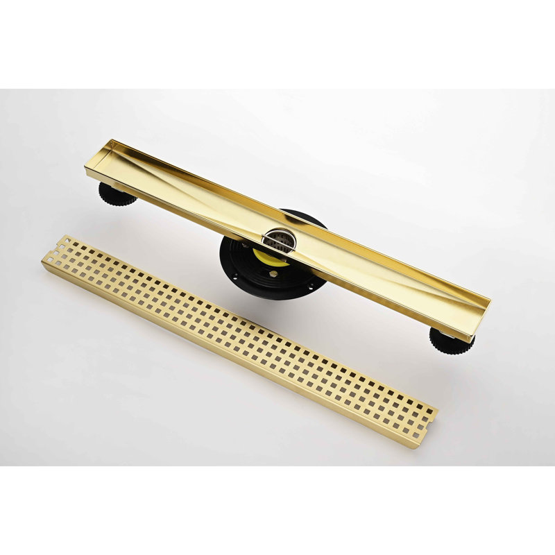 24 Inches Linear Shower Drain With Removable Quadrato Pattern Grate, 304 Stainless Shower Drain Included Hair Strainer And Leveling Feet, Flange