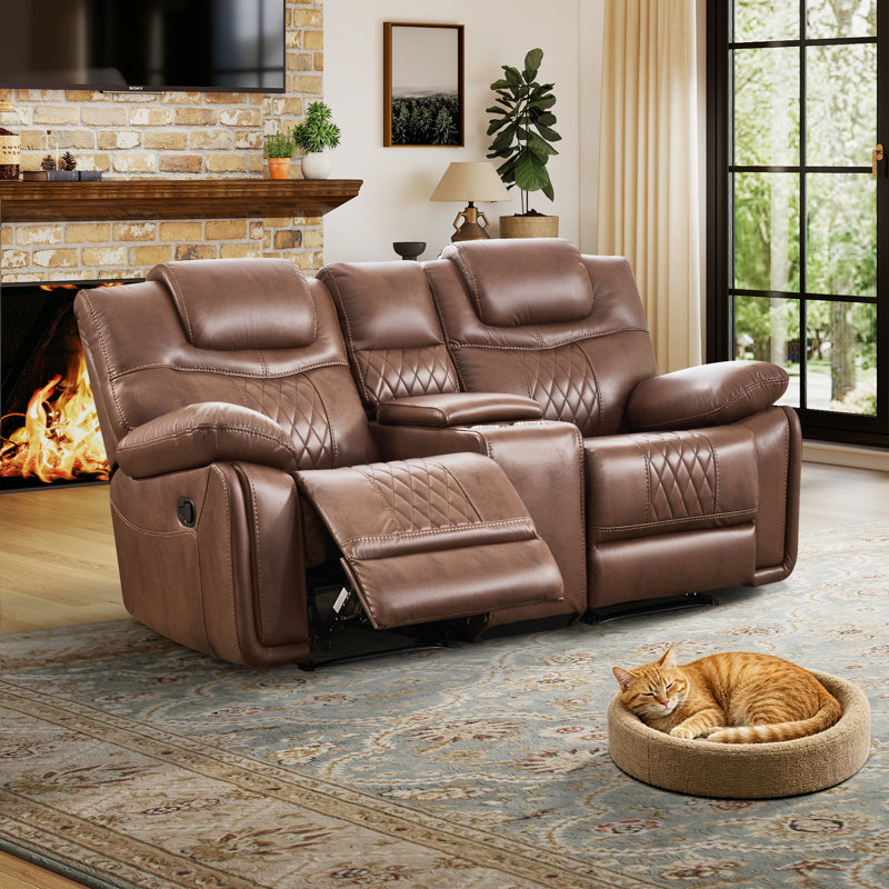 78" Breathable Faux Leather Manual Reclining Loveseat Sofa, 2-Seater Recliner Couch With Storage And Cupholders, Brown