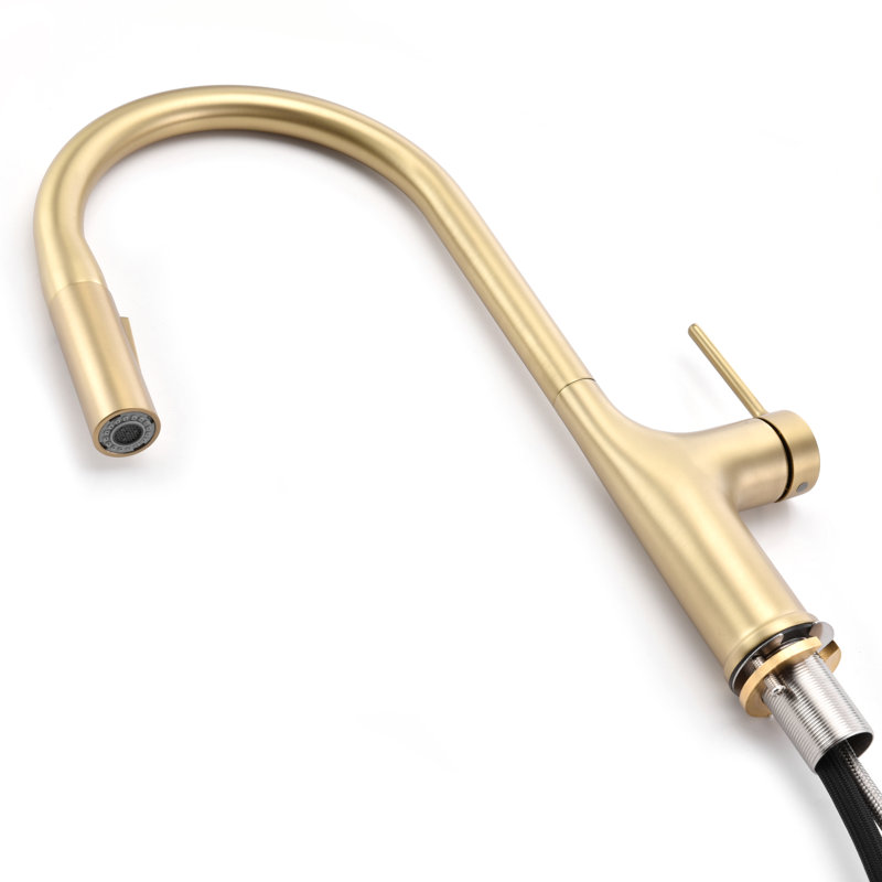 Robinet d'évier de cuisine avec douchette rétractable à un trou, acier inoxydable brossé, Or brossé