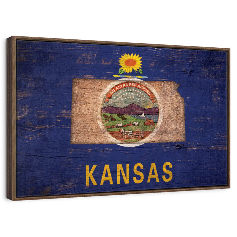 Carte de l'État sur le drapeau du Kansas, Cadre flottant en noyer, 31 po x 21 po