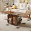 Table basse brune en bois d'hévéa massif vintage avec roulettes, plateau de table réglable en hauteur pliable