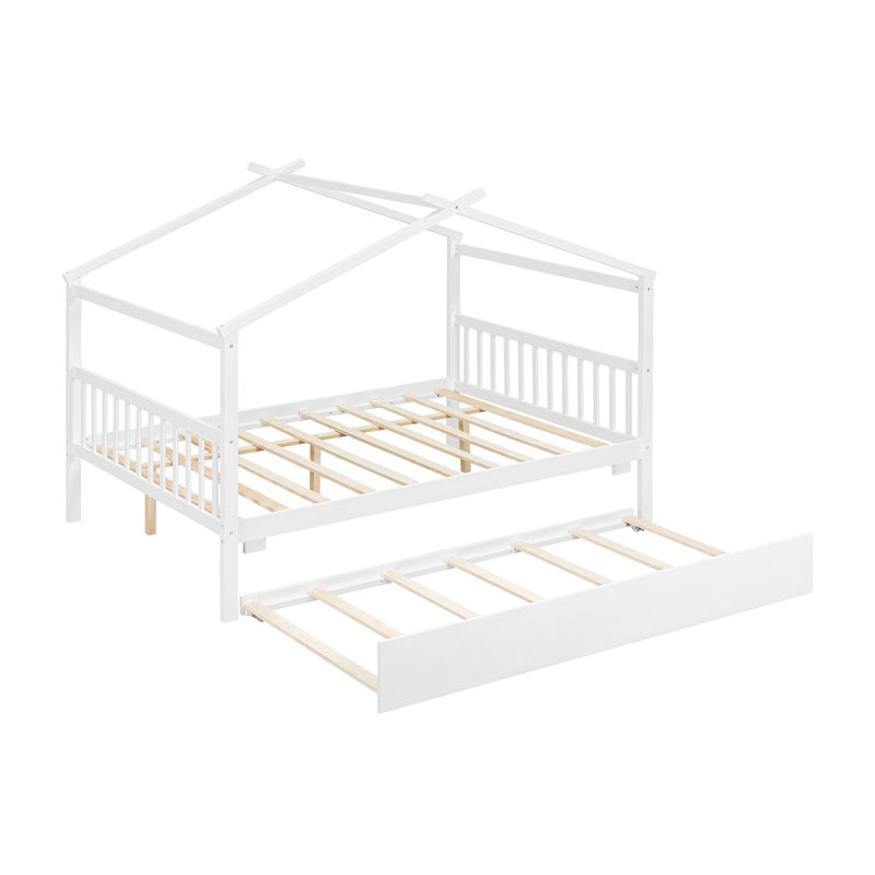 Lit double en bois avec lit gigogne simple, blanc