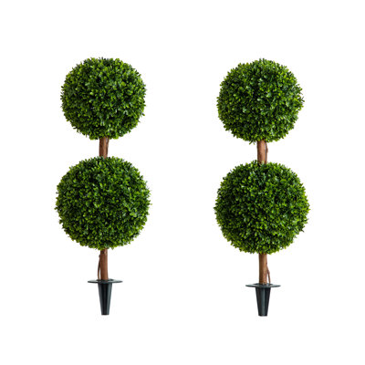 3ft. UV Resistant Artificial Double Ball Boxwood Topiary with Integrated Ground Stake (Indoor/Outdoor) - Set of 2