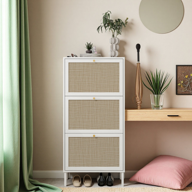 Rattan 3 Door Shoe Rack, Freestanding Modern Shoe Storage Cabinet, For Entryway, White