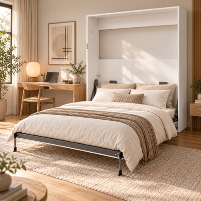 Lit escamotable Hideolune Queen avec verrouillage de sécurité, blanc, 165 cm, cadre en métal, 26 lattes en bois massif multicouches, pieds automatiques, assistance hydraulique à deux niveaux