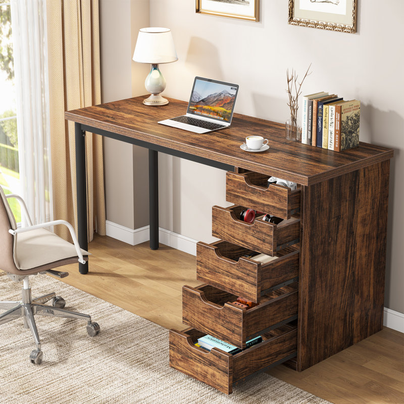 Briget 5-Drawer Computer Desk, Writing, Dressing Modern, Rustic Brown/Black