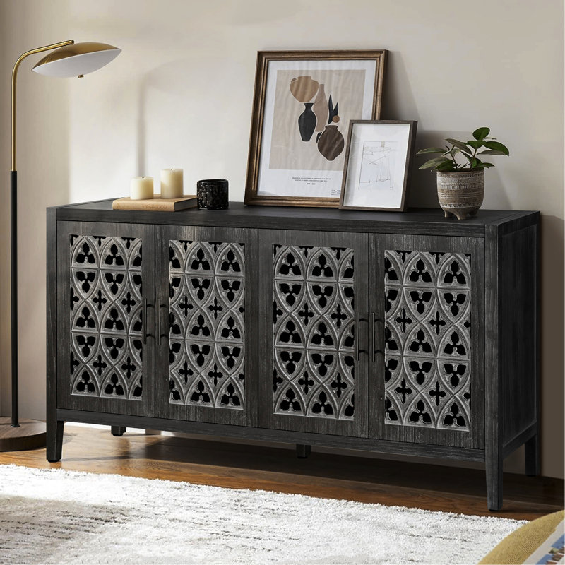 Armoire Carman pour espace de vie principal - motif floral et installation simple avec rangement à quatre portes et motif symétrique