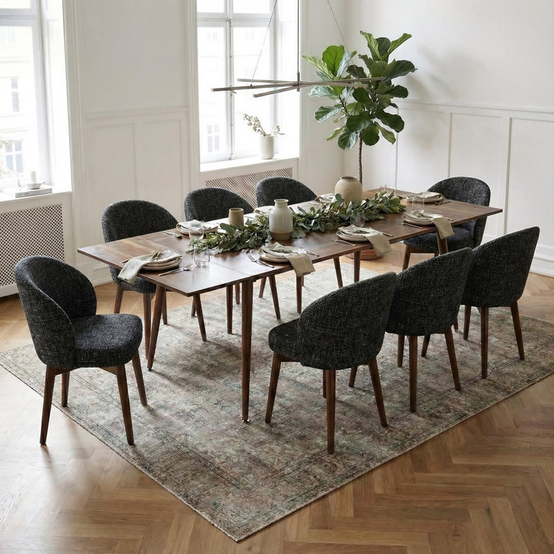 9-Piece Mid-Century Rectangular Extendable Dining Sets, Black