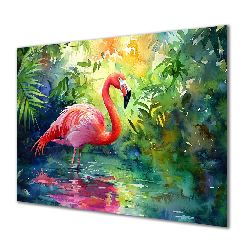 Flamant rose dans le lagon II - imprimé flamant rose sur métal, H 16 po x l 32 po