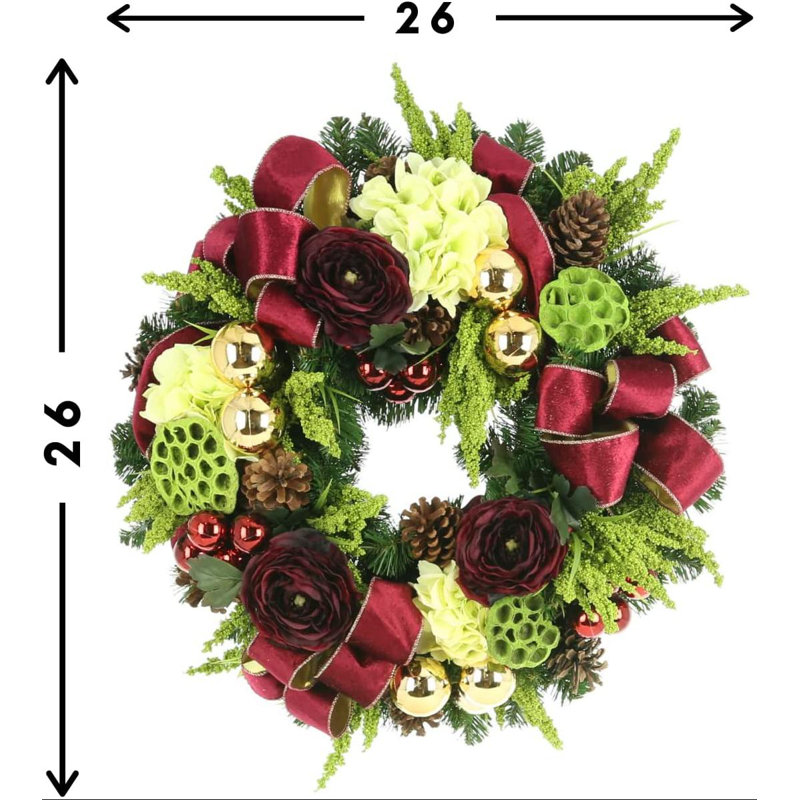 26" Evergreen Wreath With Ranunculus, Heather And Bows