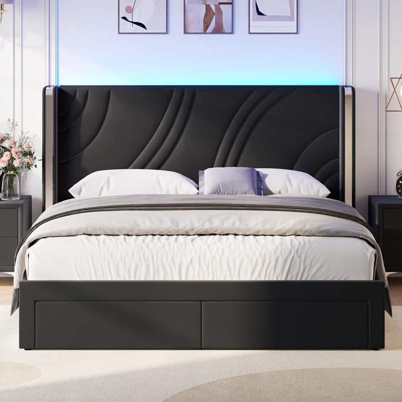 Modern LED Bed Frame with Velvet Finish Adjustable RGB Lighting and Ample Storage Drawers for Elegant Bedrooms