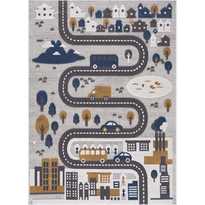 Tapis pour enfant Caddy - route, circulation, voiture, ville - gris, bleu, brun, Rectangle 5'3" x 7'3"