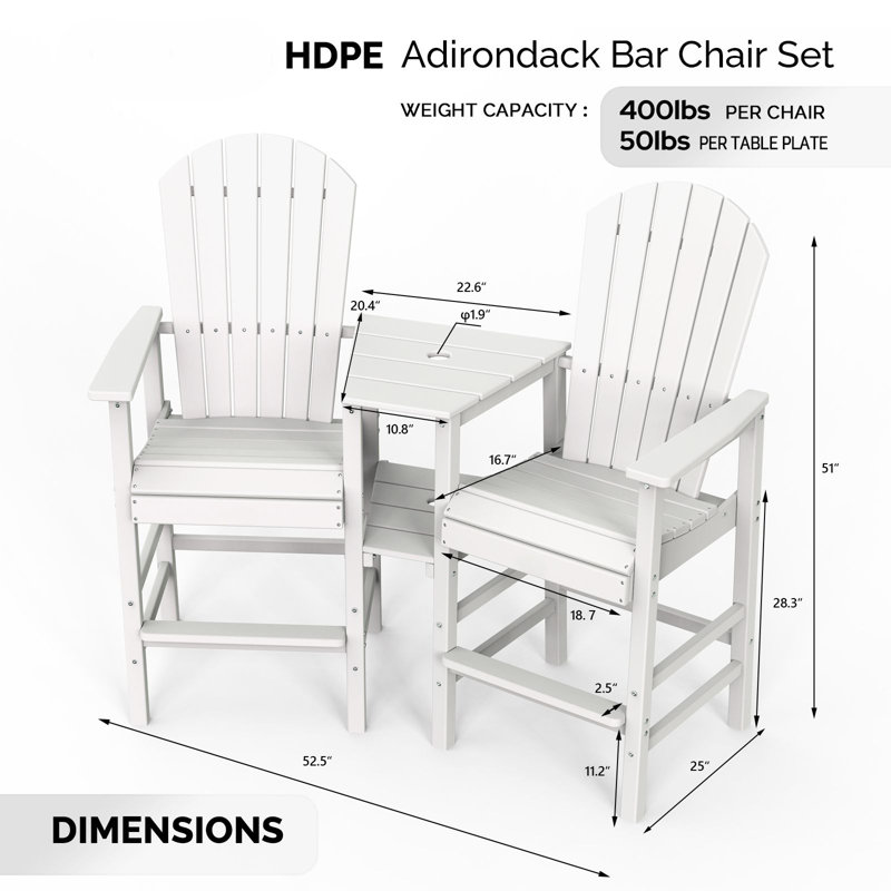 Chaises 2 pièces Adirondack d'extérieur avec plateaux amovibles 2 pièces, Blanc