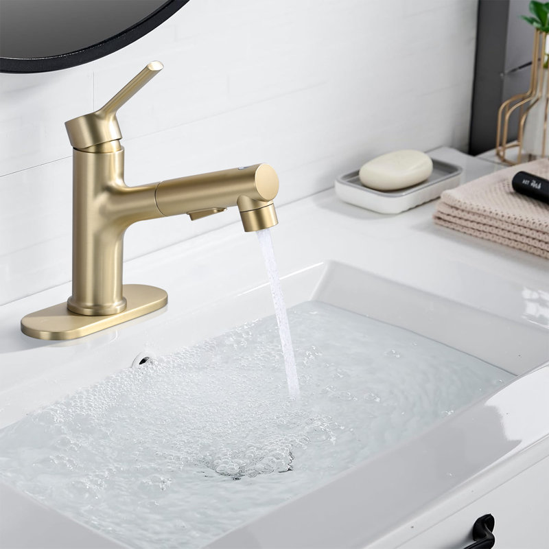 Pull Out Single Hole Bathroom Sink Faucet With Pop Up Drain, Gold