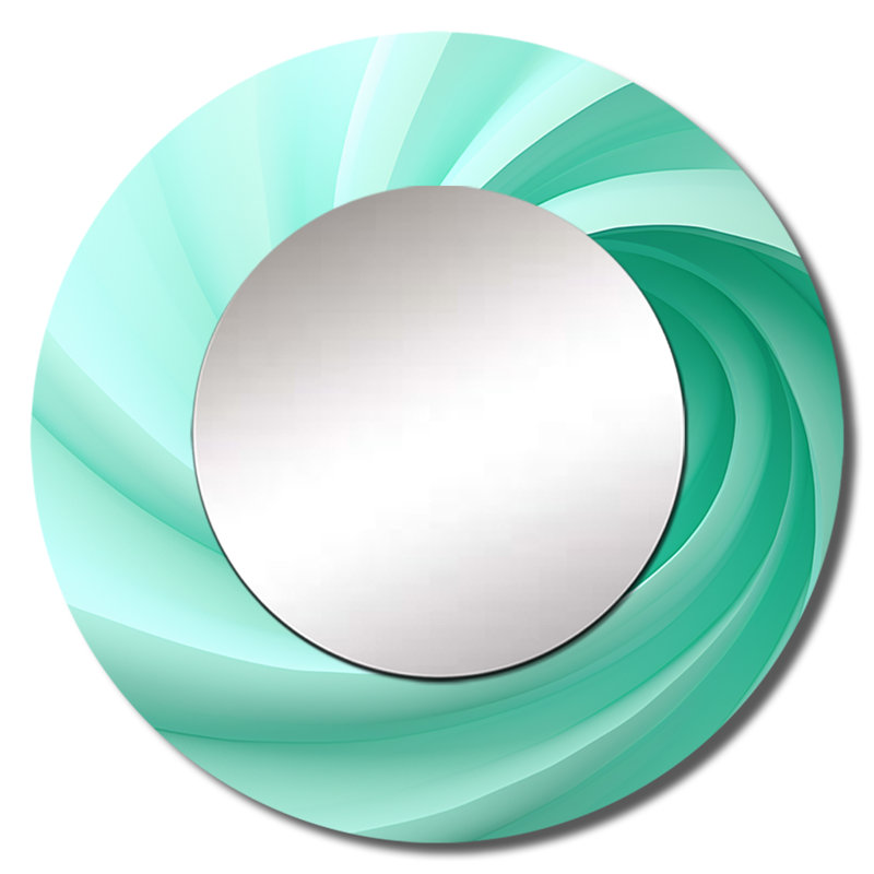 «Green Whimsical Whorl Spiral», miroir décoratif à spirales abstraites, grand miroir mural rond vert, impression sur métal