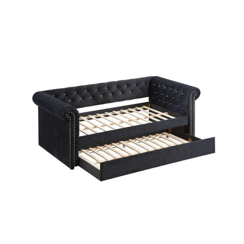 1pc Modern Aesthetic Beautifully Button Tufted Nailhead Trim Design Daybed Built-in pull-out Trundle Bed Living Space Guest Room Bedroom Black Twin