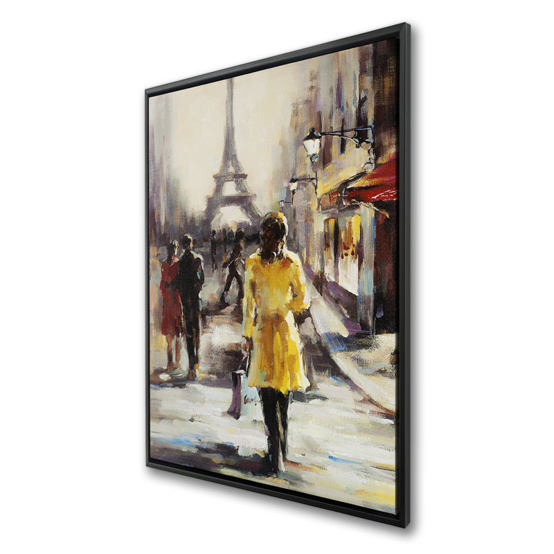 Yellow Coat Woman Walking on Street - Red Framed Canvas Art