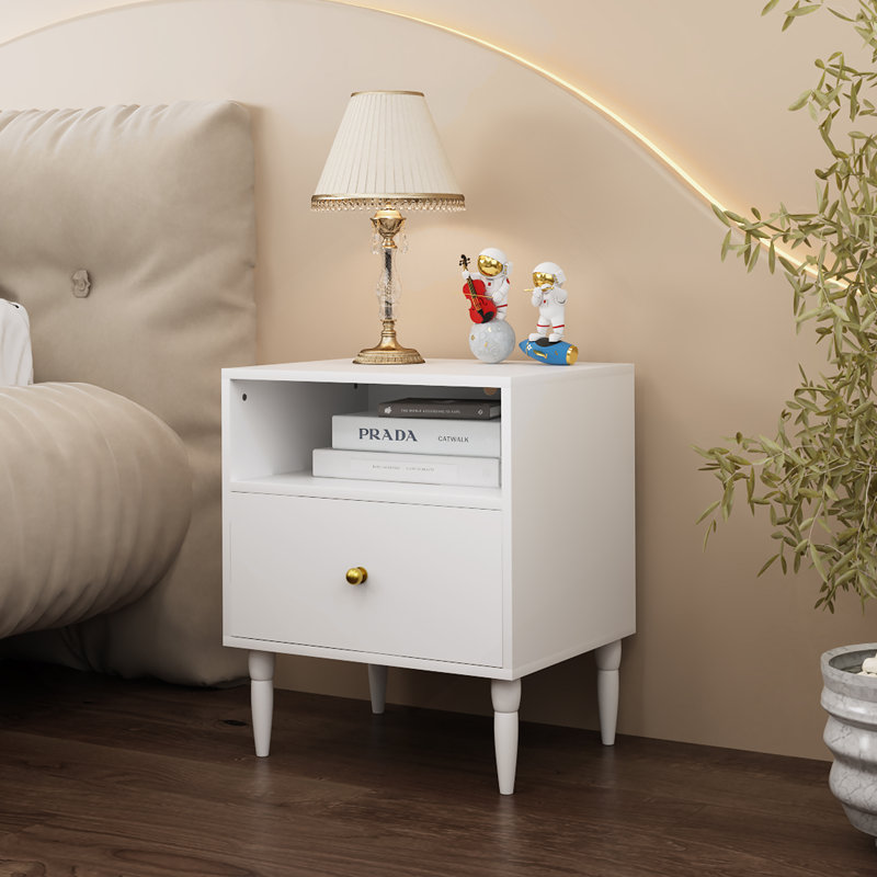 Table de chevet blanche moderne avec tiroir et tablette ouverte, table de chevet avec bouton doré, pieds en bois massif, petite table de bout pour la chambre à coucher, salon