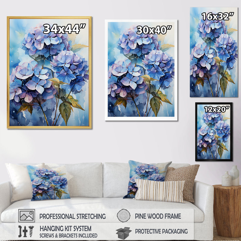 Hortensia bleue et mauve II sur toile, H 20 po x l 12 po x P 1 po, Toile tendue