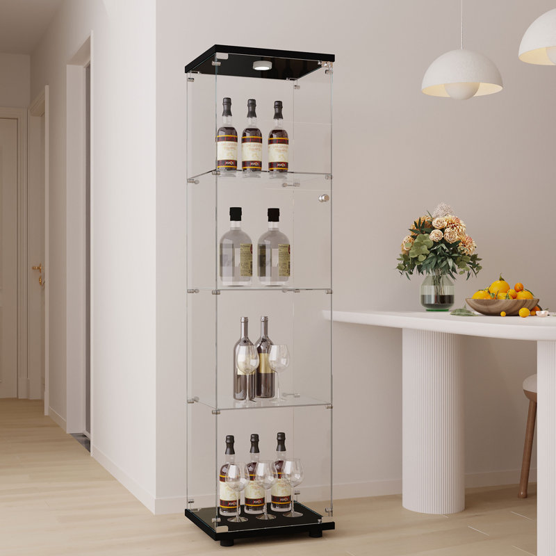 Glass Display Cabinet With LED Strip Lights, Glass Display Cases With Shelves, Curio Cabinets, Black