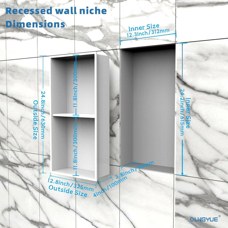 Niche de douche encastrée en acier inoxydable avec tablette double couche - aucune installation de carrelage requise - organisateur de rangement mural 12 po x 24 po pour la salle de bain et la cuisine
