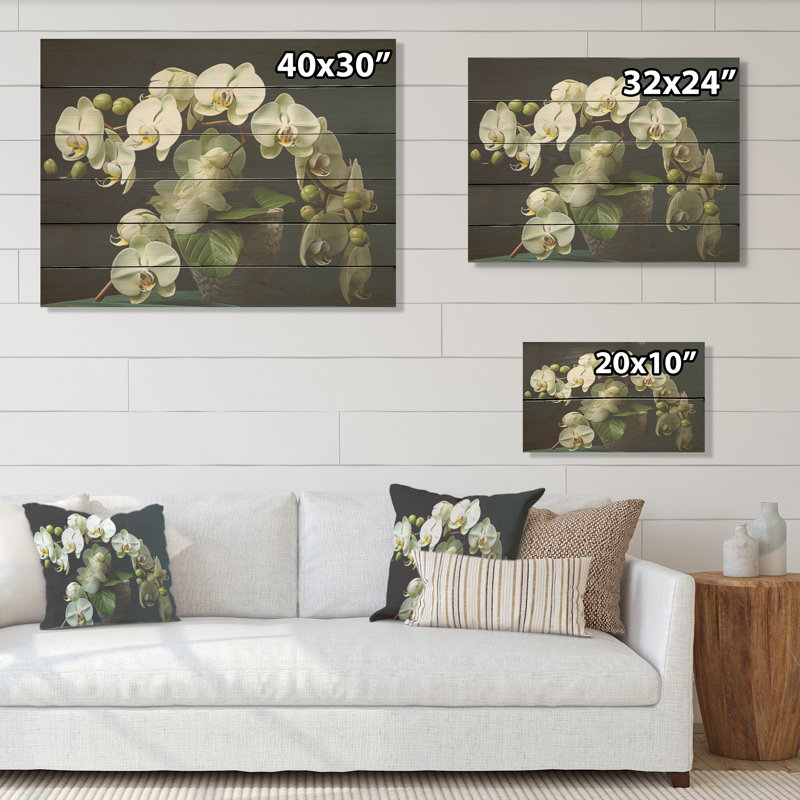 «Green Orchids Realistic Elegance I», art sur bois de pin naturel, H 10 po x l 20 po
