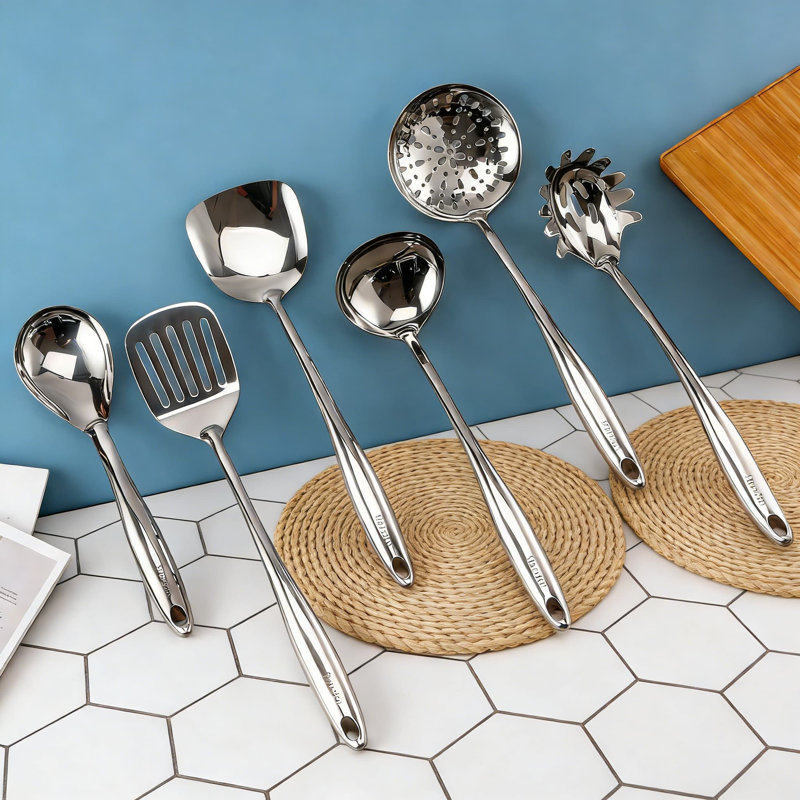 18/10 Stainless Steel 7-Piece Kitchen Utensil Set With Rotating Stand, All-Metal Cooking Tools Including Spatula, Ladle, Skimmer, Turner, Pasta Spoon, And Large Spoon