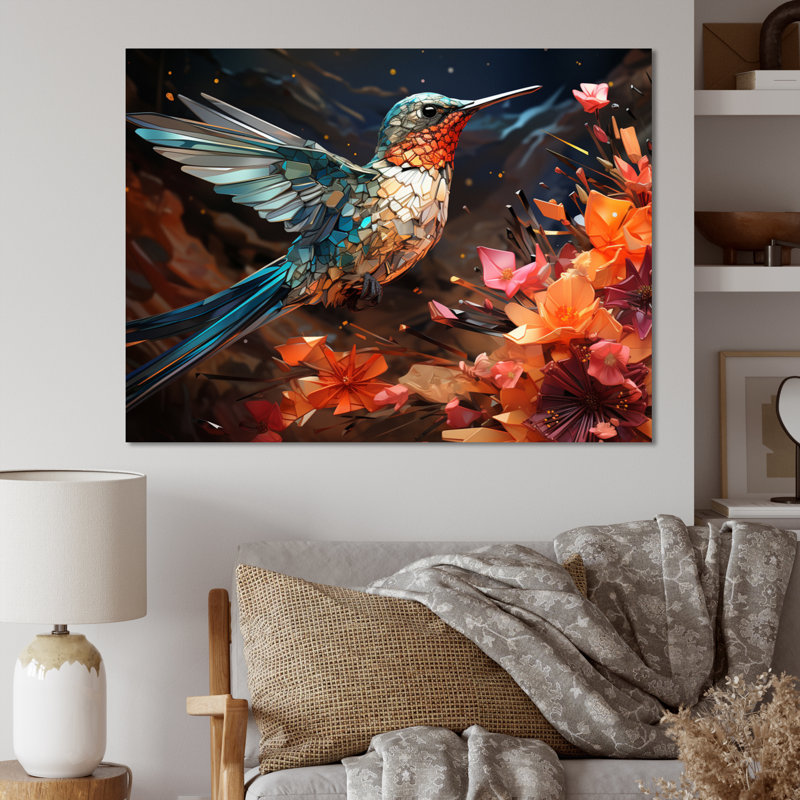 Colibri bleu sarcelle «Enchanting Hum Geometric II», impressions sur toile, H 24 po x l 32 po x P 1 po, Toile tendue