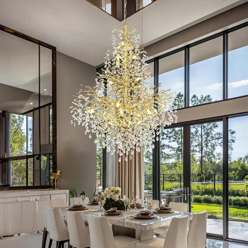 27-Light 65"H Dimmable Crystal Tree Branch Tired Chandelier High Hanging Pendant Lights, Gold