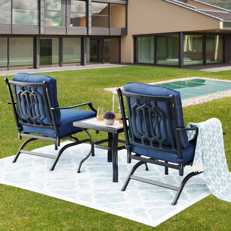 Ensemble berçant d'extérieur 3 pièces avec chaises rembourrées et table d'appoint, bleu