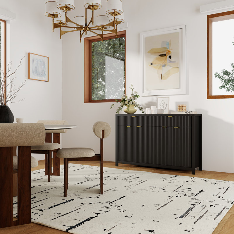 Wood Storage Sideboard With Wave-Pattern Doors,55'',Adjustable Shelves And Drawers,Modern Luxe Style, Black