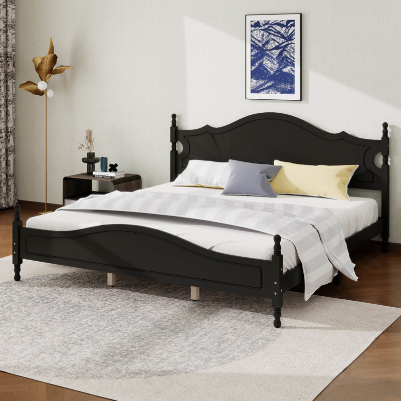 Lit plateforme rétro en bois avec tête de lit haute, cadre de lit en bois avec support en lattes de bois, Noir