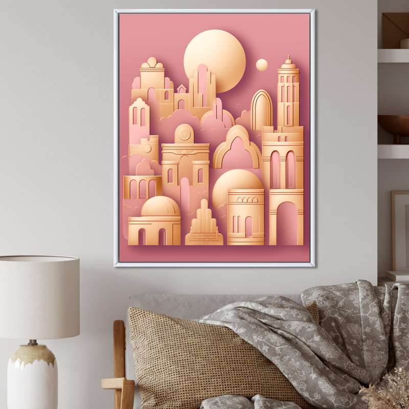 Oriental City en or rose rétro, H 40 po x l 30 po, Cadre flottant blanc