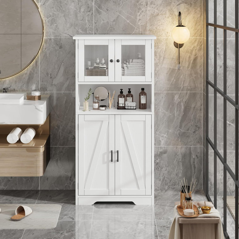 50.4-inch Tall Freestanding Wooden Bathroom Cabinet With Glass Doors And Adjustable Shelves – Versatile Kitchen And Pantry Storage Cabinet Featuring An Open Compartment In White.