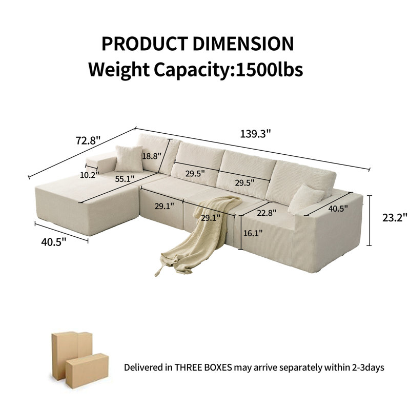 Canapé modulaire de 139,3 po, canapé désossé, sans assemblage, canapé nuage avec repose-pieds et 2 coussins, parfait pour les salons et les chambres à coucher beige