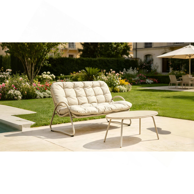 Ensemble de causeuse et de table basse d'extérieur moderne, ensemble de conversation de patio toutes saisons avec coussins épais, mobilier de bistro 2 pièces pour la cour, le balcon, le jardin, blanc cassé