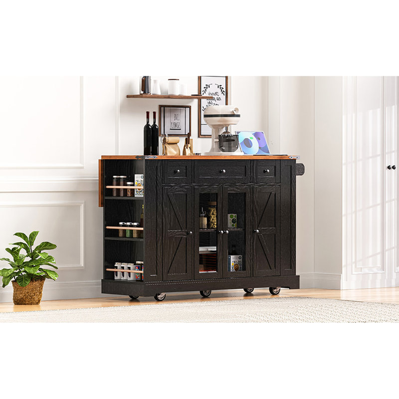 53'' Kitchen Cart With Two Tempered Glass Doors, 5 Open Storage , 3 Drawers, Rolling Drop Leaf, Power, Black For & Dining Style Island 53'', Shelves, Cart, Power Outlet, Room