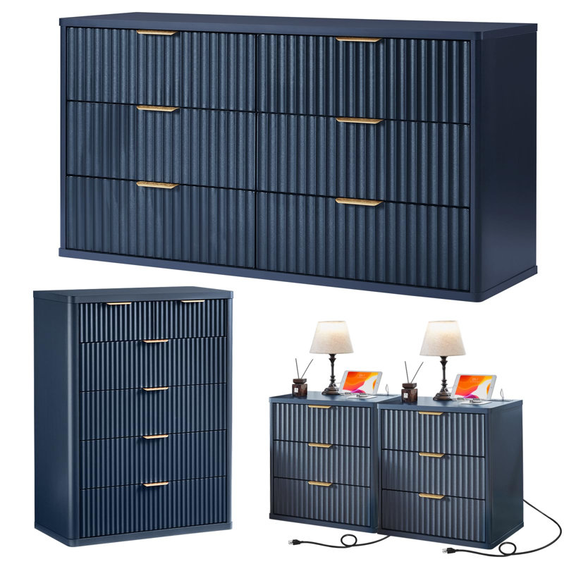 Ensemble de 4 meubles de chambre modernes en bois, comprenant une commode cannelée et deux tables de chevet à 3 tiroirs avec station de recharge.