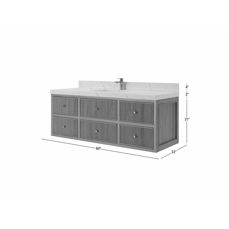 Sonoma Floating Teak 60'' Single Bathroom Vanity with Quartz Top, Calacatta Laza