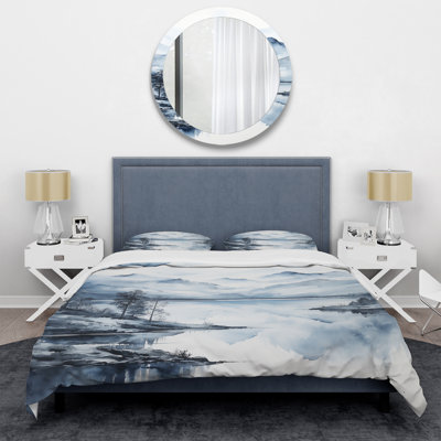 Ensemble de housse de couette Abstract Grey Blue Minimalisme Forest Reflections I - Microfibre de polyester