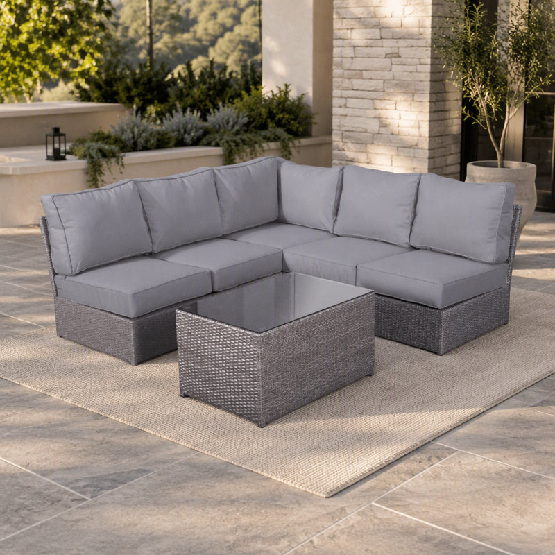 Ensemble de conversation de terrasse pour 4 personnes avec coussins entièrement assemblé, Grey, Grey Mix