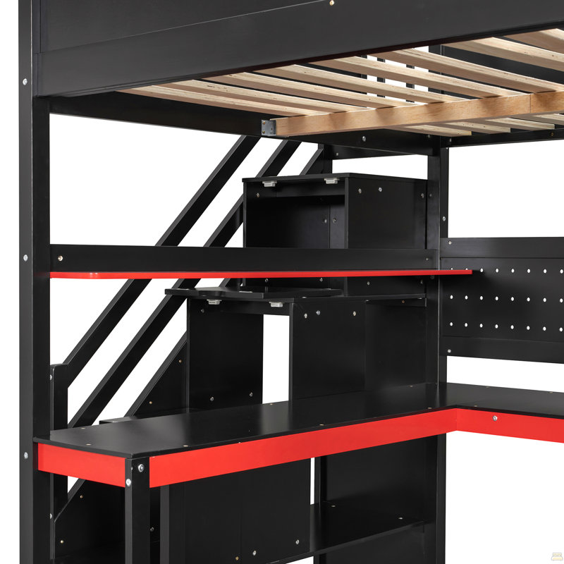 Lit mezzanine double en bois pleine grandeur avec escalier de rangement, Full, Noir / Rouge