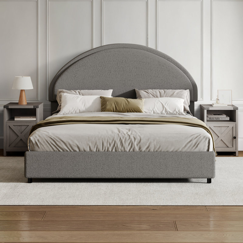 Ensemble de chambre à coucher rembourrée 3 pièces et ensemble de 11 tables de chevet, Gris pâle / gris, Double