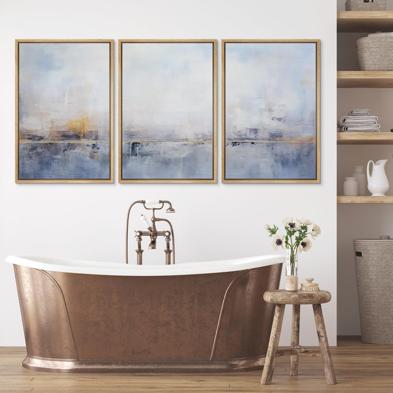 Minimal Landscape Serene Skies Pastel Blue Abstract Landscape 3 - pièces sur toile, Cadre naturel flottant, H 24 po x l 48 po