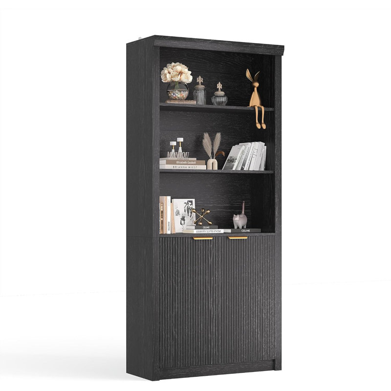 71" Tall Bookshelf with Fluted Doors, 5 Tier Bookcase Display Shelves with Storage Cabinet & Adjustable Shelf, Mid-Century Modern Bookshelves , Black